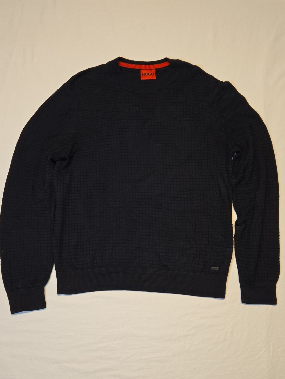 Hugo Boss Dark Navy Textured Knit Cotton Crewneck Sweater